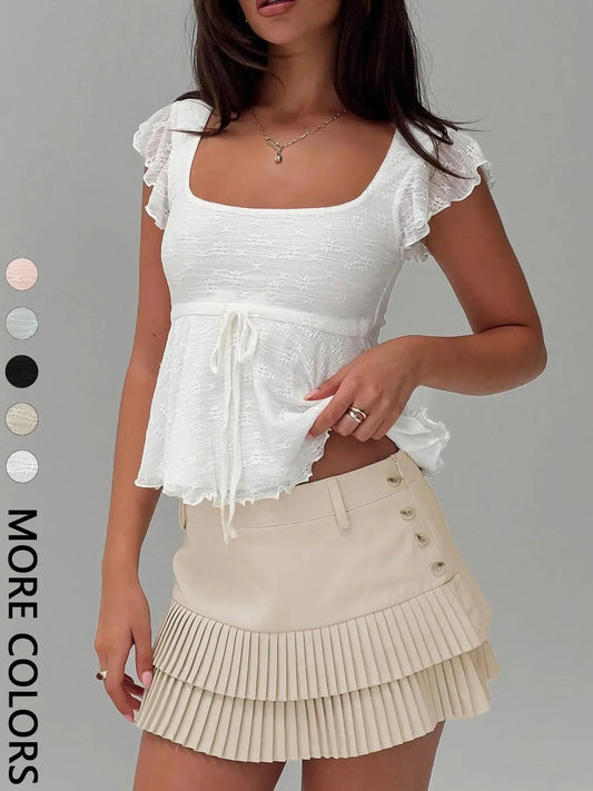 Chic Women's Square Neck Knitted Blouse with Belted Waist - Perfect for Summer Outings, Valentine's Day, and Daily Wear