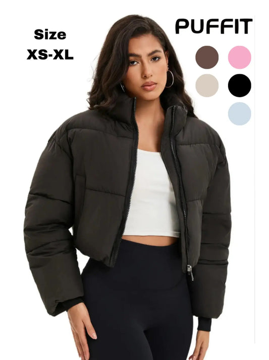 PUFFIT Stand-Up Collar Cropped Puffer Jacket Women Coats Splashproof
