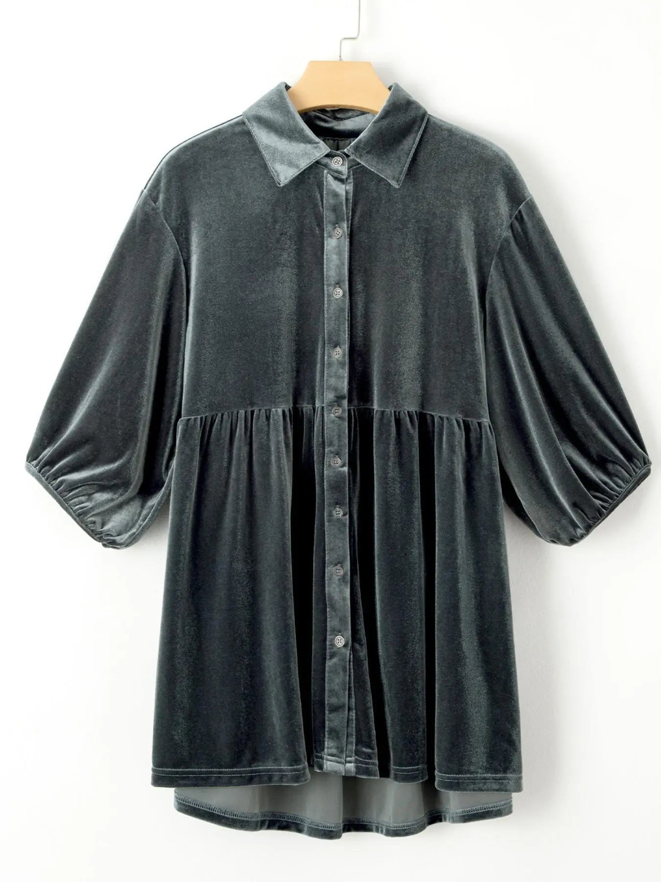 Women'S Plain Bishop Sleeve Button Front High Low Hem Velvet Shirt Top, Casual Half Sleeve Collared Blouse Tunic for Spring & Fall, Ladies Clothes for Daily Wear