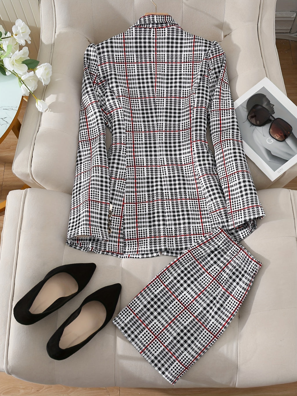 Ladies Fashion Casual Slim Suit Two-Piece Plus-Size Suit, Plaid Pattern Elegant Skirt Suit with Buttons, Lapel Long Sleeve Suit Jacket and High Waist Skirt, Plus-Size Women'S Wear Amazon Don'T Sell