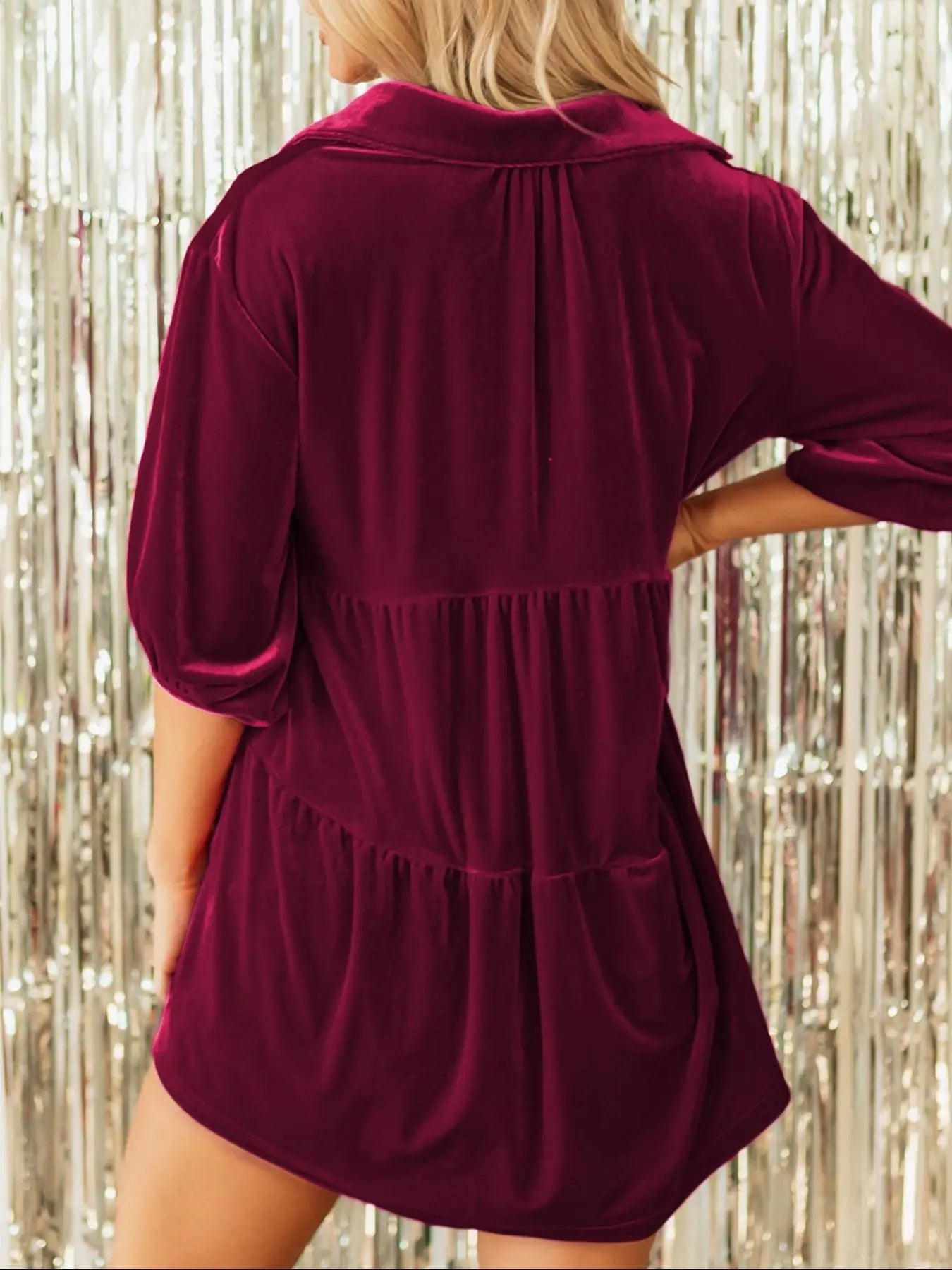 Women'S Plain Bishop Sleeve Button Front High Low Hem Velvet Shirt Top, Casual Half Sleeve Collared Blouse Tunic for Spring & Fall, Ladies Clothes for Daily Wear