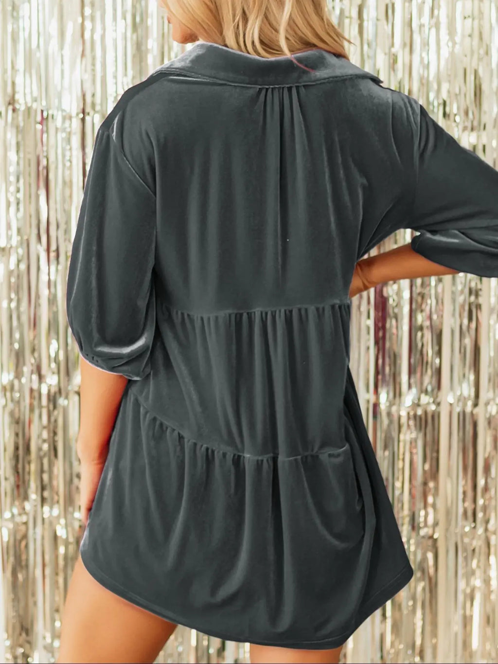 Women'S Plain Bishop Sleeve Button Front High Low Hem Velvet Shirt Top, Casual Half Sleeve Collared Blouse Tunic for Spring & Fall, Ladies Clothes for Daily Wear