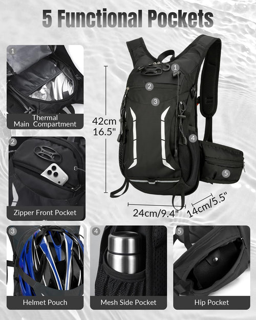 15L Cycling Backpack with 2L Water Bladder, MTB Backpack with Helmet Holder, Lightweight Hydration Pack for Bicycle Motorbike Skiing Hiking, Black
