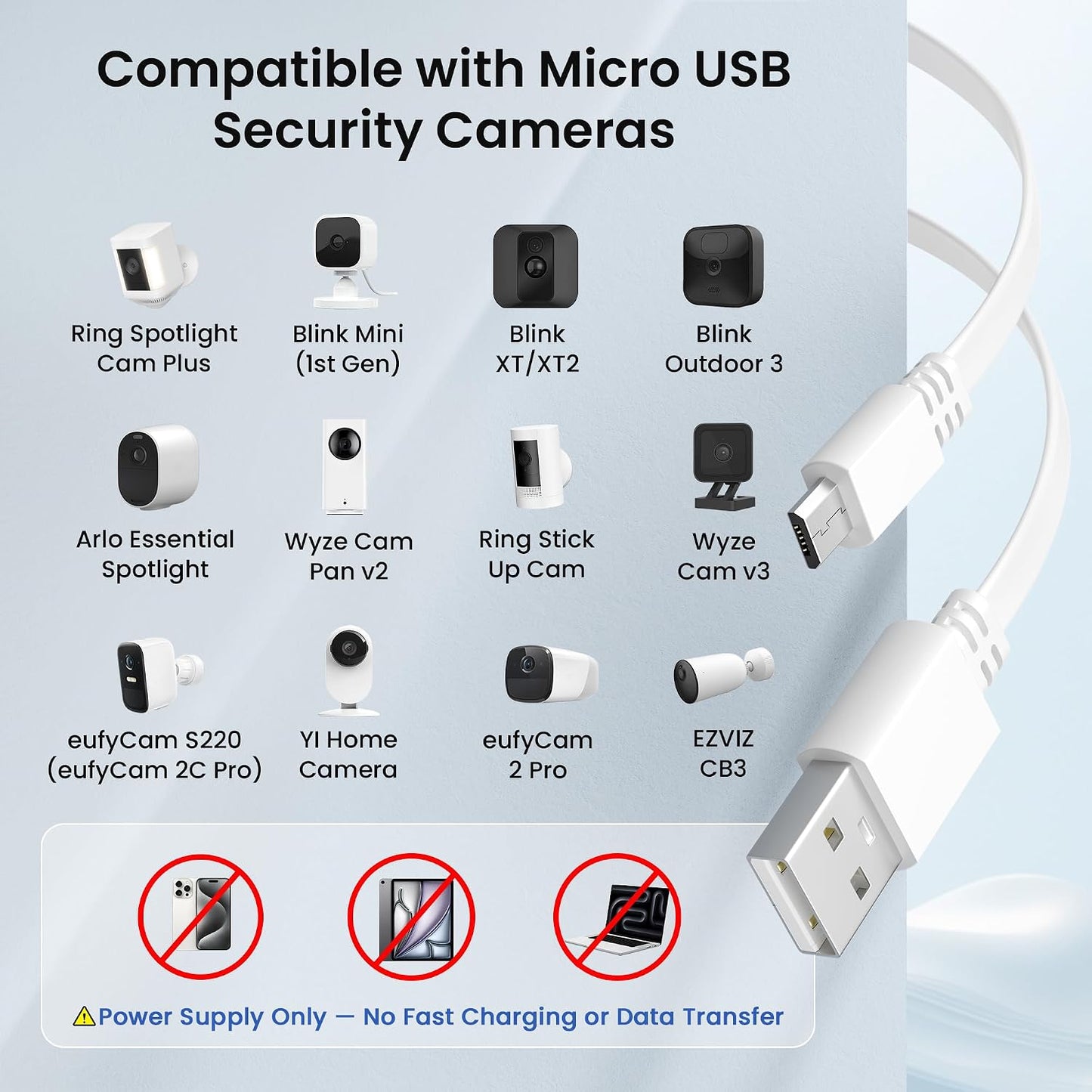 Micro USB Extension Cable 20FT 2Pack,Flat USB to Micro Long Charging Power Extender Cord Wire Replacement for Security Camera,Blink Mini/Xt2/Outdoor 3,Wyze Cam V4/Og,Eufy,Ring Spotlight Plus