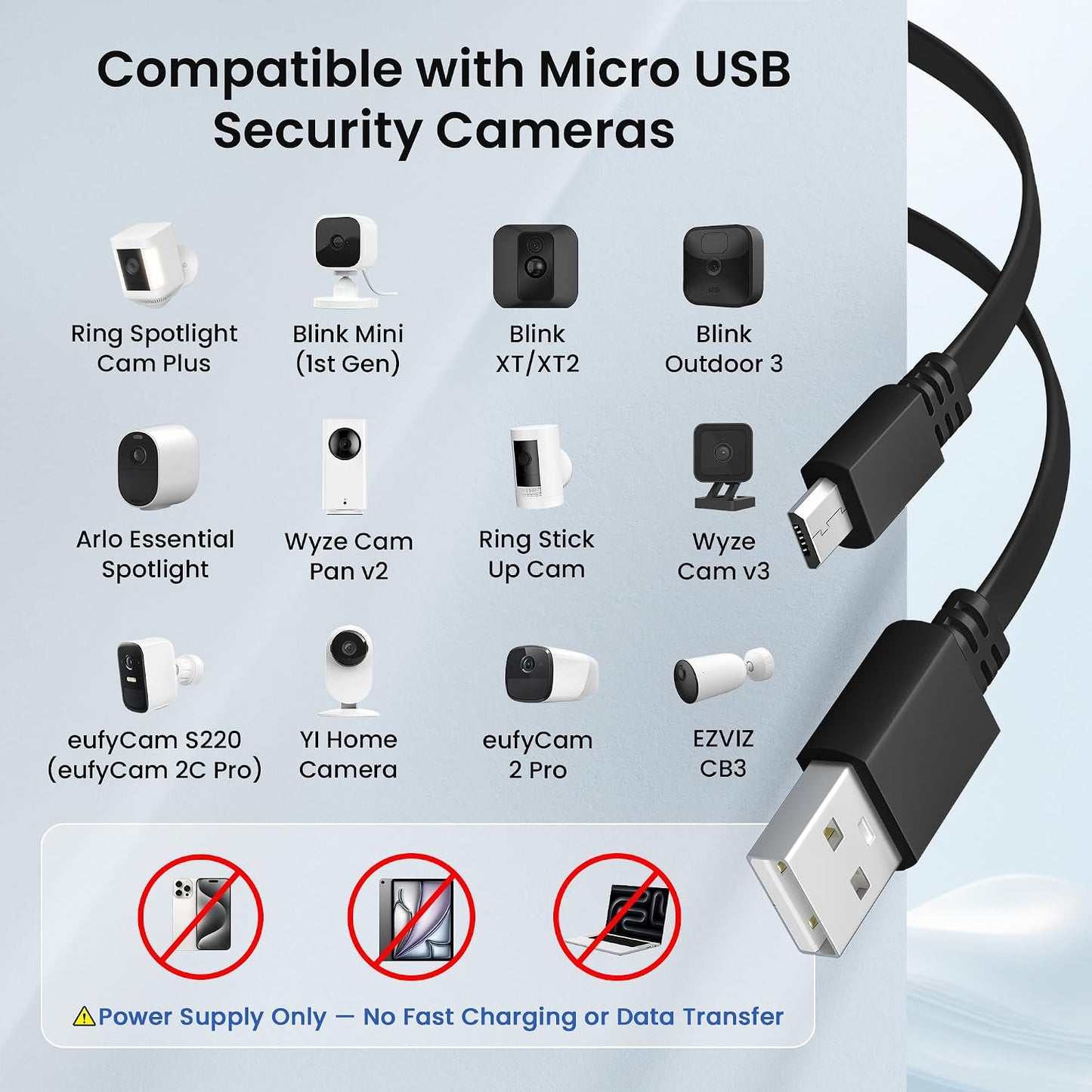 USB to Micro USB Extension Cable 30FT 2Pack,Extra Long Flat Charging Power Extender Cord for Wyze Cam V4/Pan V2/V3,Blink Mini/Xt/Xt2/Outdoor 3,EZVIZ Cb3,Eufycam 2 Pro/2C,25,50,Security Camera
