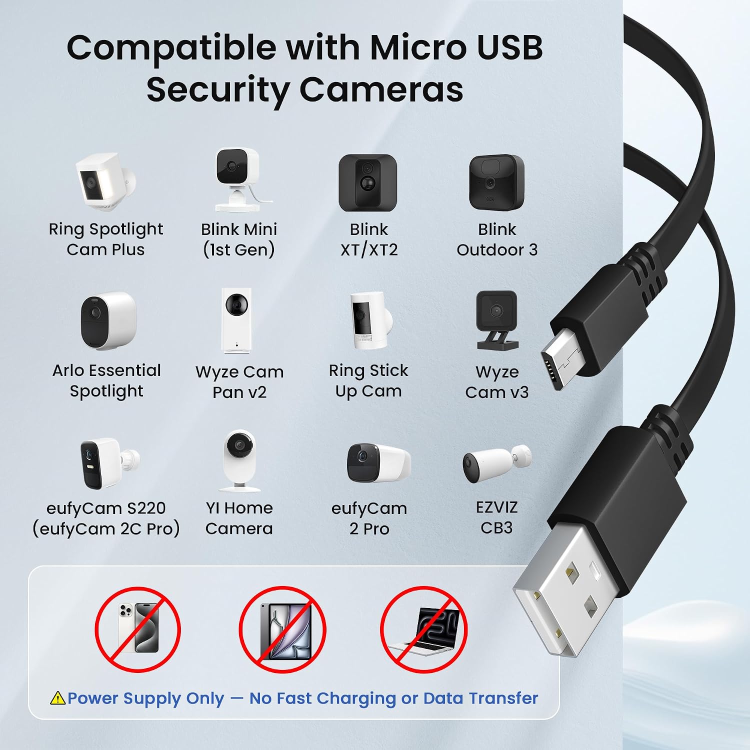 USB to Micro USB Extension Cable 30FT 2Pack,Extra Long Flat Charging Power Extender Cord for Wyze Cam V4/Pan V2/V3,Blink Mini/Xt/Xt2/Outdoor 3,EZVIZ Cb3,Eufycam 2 Pro/2C,25,50,Security Camera
