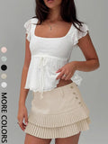 Chic Women's Square Neck Knitted Blouse with Belted Waist - Perfect for Summer Outings, Valentine's Day, and Daily Wear