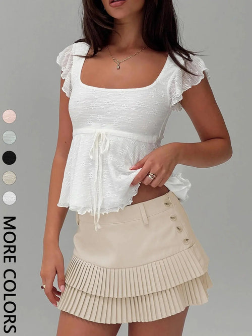 Chic Women's Square Neck Knitted Blouse with Belted Waist - Perfect for Summer Outings, Valentine's Day, and Daily Wear