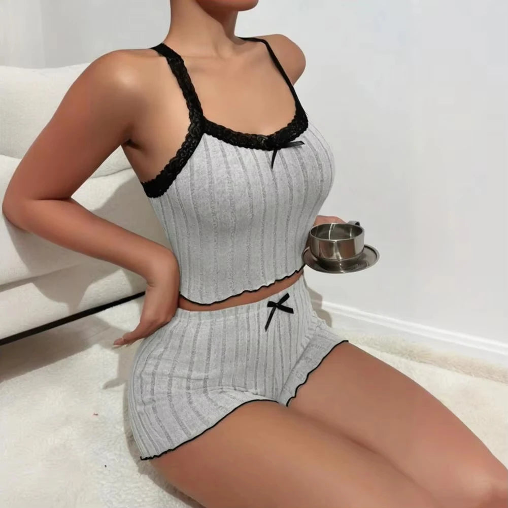 Pajama Suit Suspender Shorts Sexy Bow Print Milk Silk Suit Comfortable Home Wear Women'S Pajama Suit