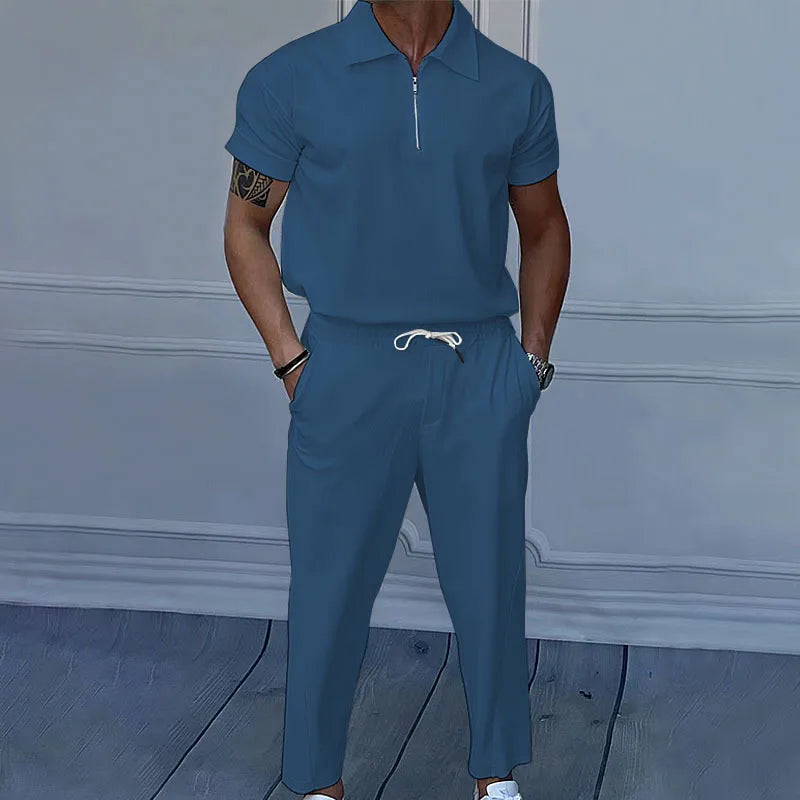 Summer New European and American Men'S Solid Color Suit Lapel Short Sleeve Zipper Trouser Suit