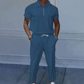 Summer New European and American Men'S Solid Color Suit Lapel Short Sleeve Zipper Trouser Suit