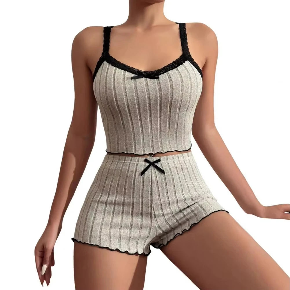 Pajama Suit Suspender Shorts Sexy Bow Print Milk Silk Suit Comfortable Home Wear Women'S Pajama Suit