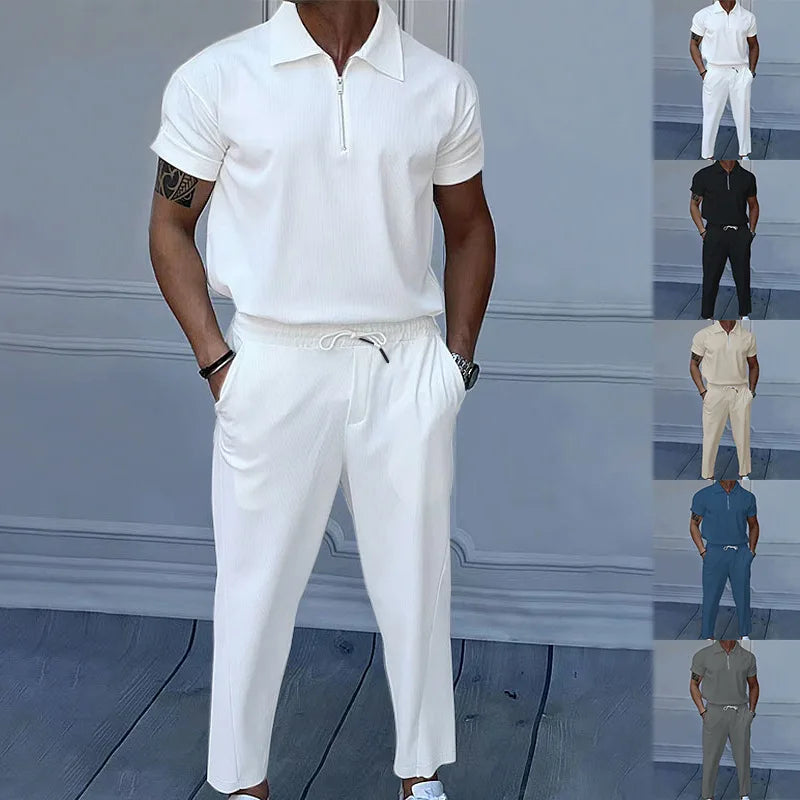 Summer New European and American Men'S Solid Color Suit Lapel Short Sleeve Zipper Trouser Suit