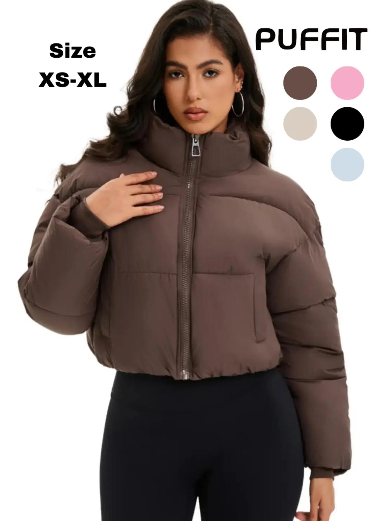 PUFFIT Stand-Up Collar Cropped Puffer Jacket Women Coats Splashproof