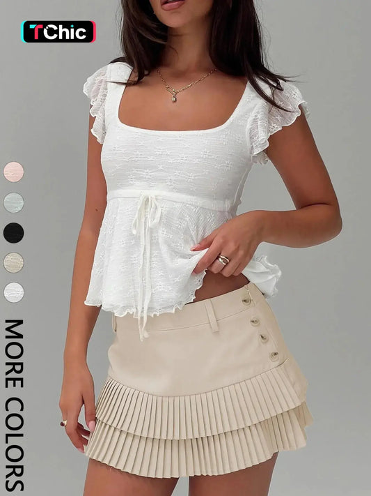 Chic Women's Square Neck Knitted Blouse with Belted Waist - Perfect for Summer Outings, Valentine's Day, and Daily Wear