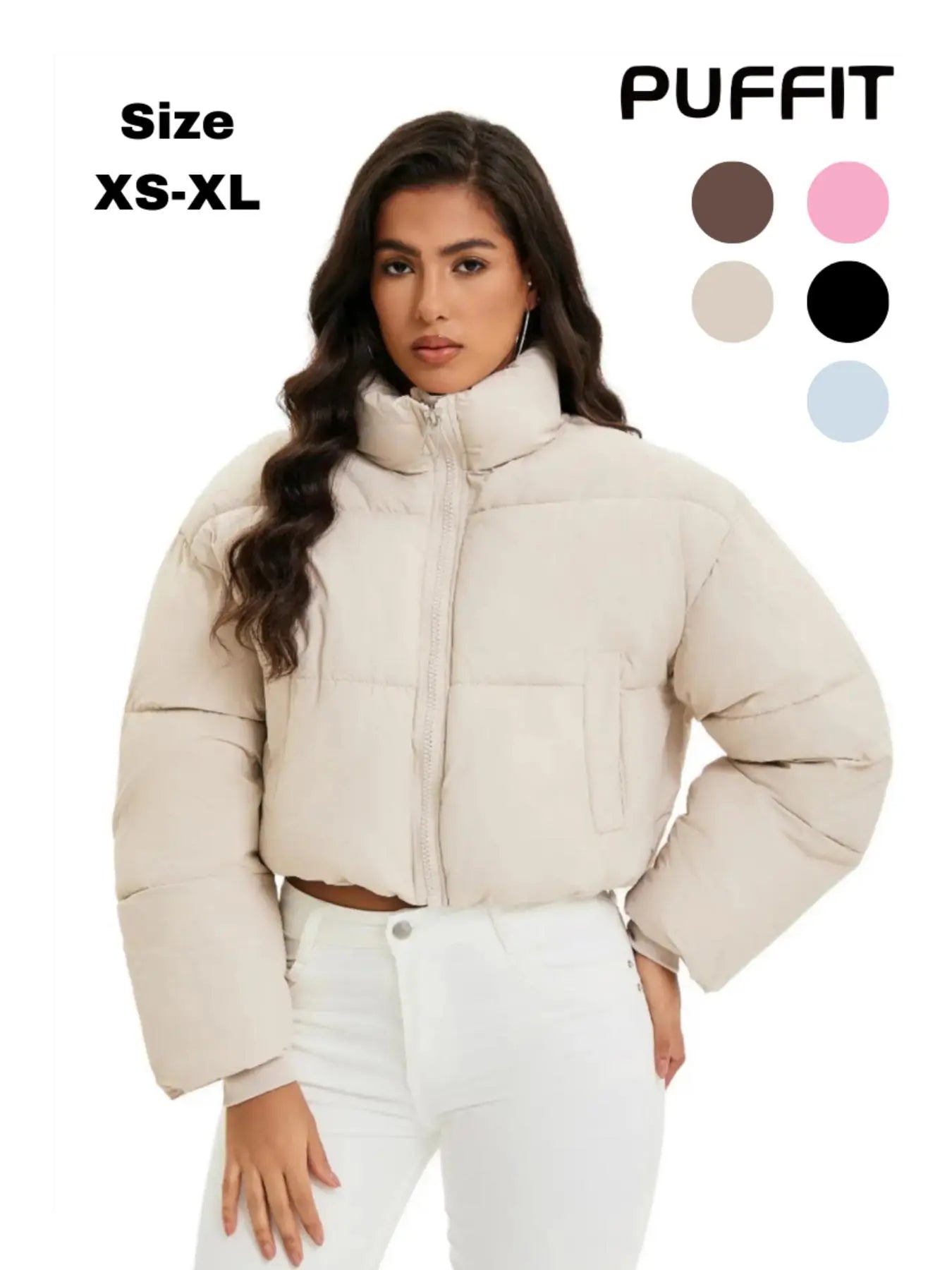PUFFIT Stand-Up Collar Cropped Puffer Jacket Women Coats Splashproof
